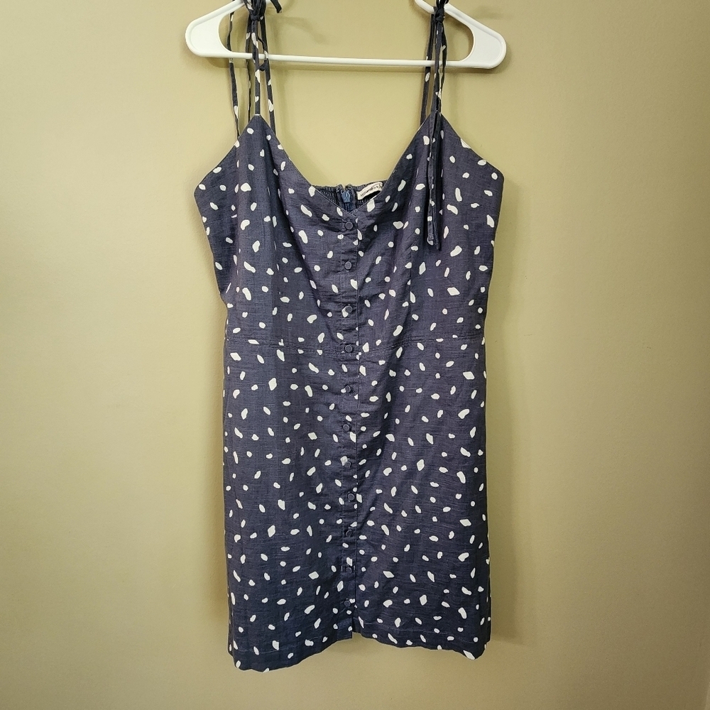 Abercrombie & Fitch Blue Dress Size XLT Cotton Gray White Dots Tie Strips - Picture 4 of 11